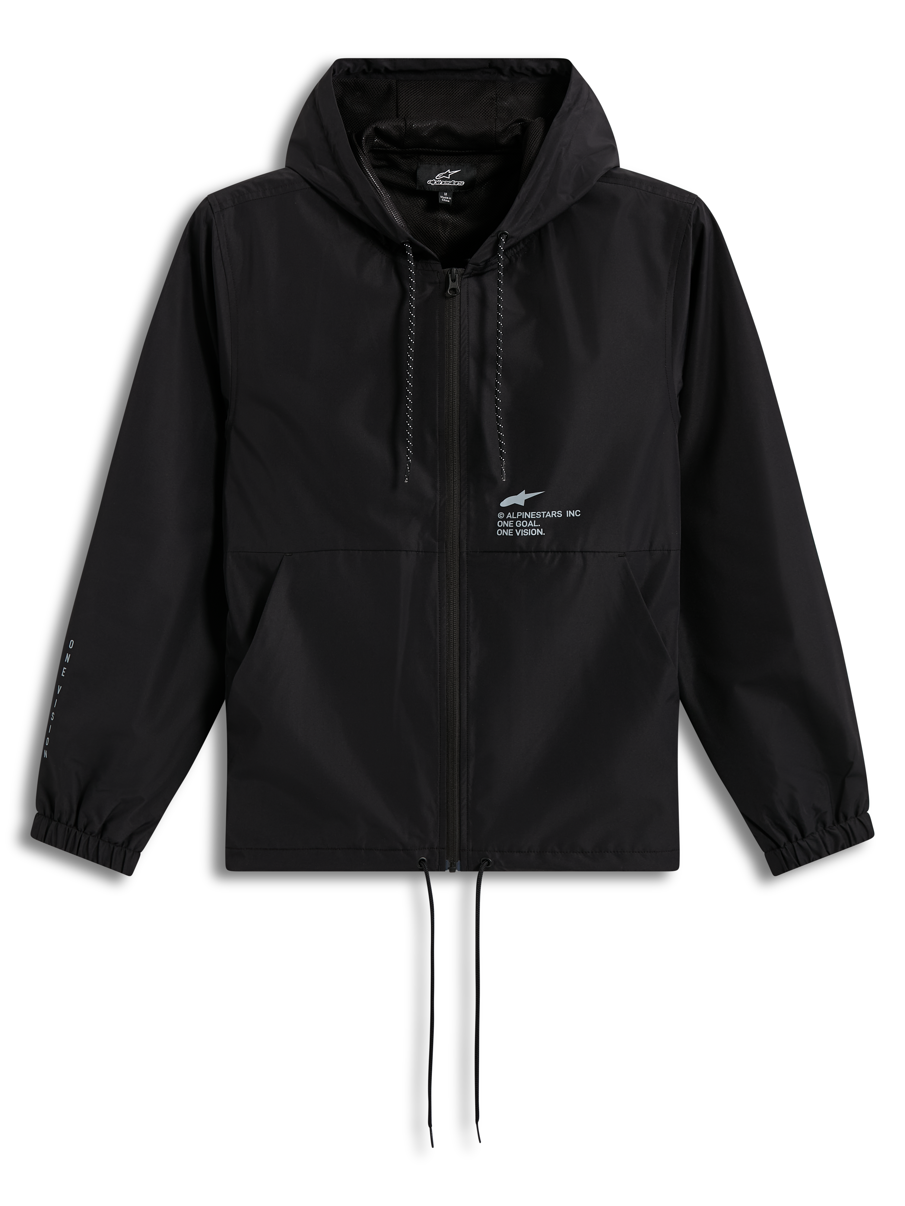 Alpinestars Speeder Resolve, cortavientos negro con capucha, chaqueta deportiva ligera con cremallera frontal y logotipo.