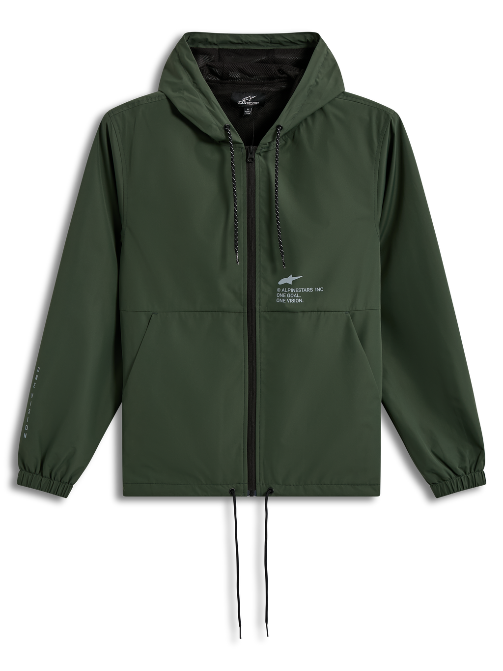 Alpinestars Speeder Resolve, cortavientos verde pino con capucha y cordones, chaqueta ligera de ropa deportiva con logotipos.