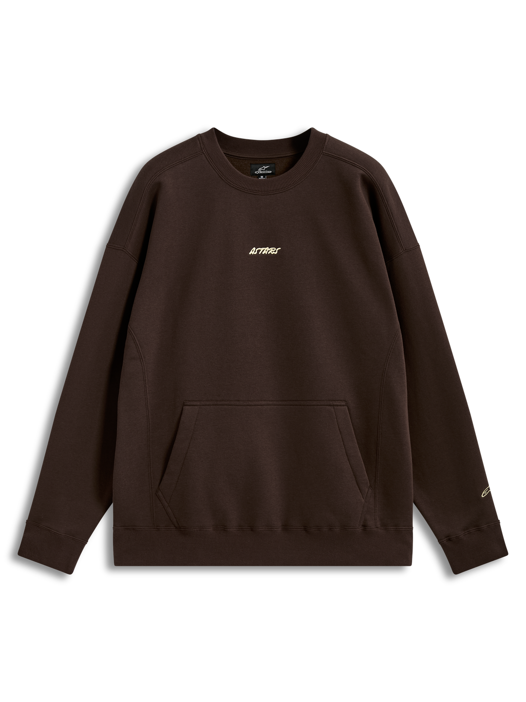 Alpinestars Guise Oversized Crew, sudadera marrón de forro polar, ajuste holgado, bolsillo canguro y logotipos Astars bordados