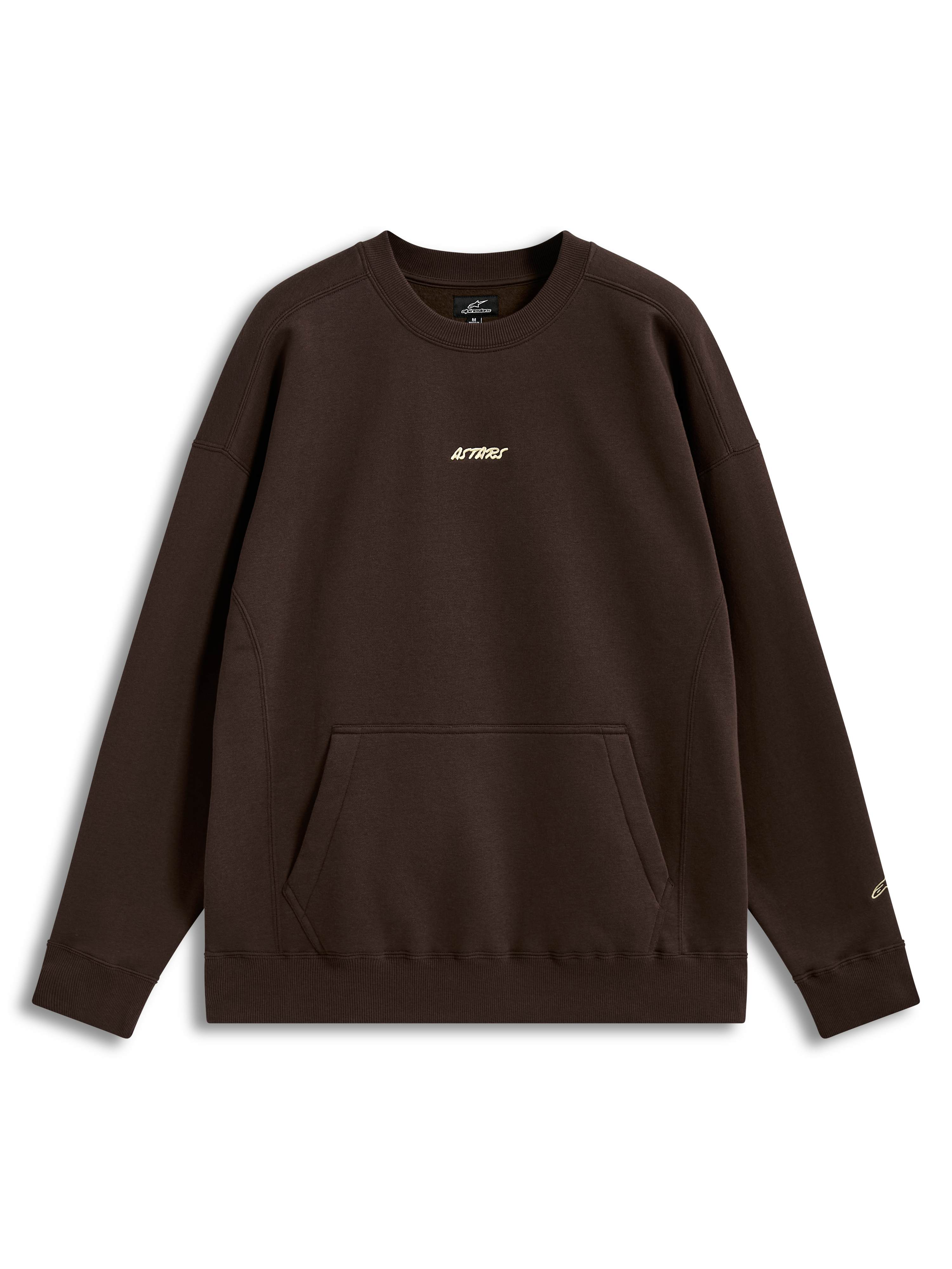 Alpinestars Guise Oversized Crew, sudadera marrón de forro polar, ajuste holgado, bolsillo canguro y logotipos Astars bordados