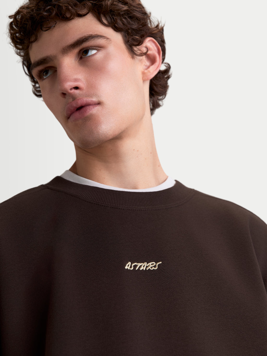 Alpinestars Sudadera Guise Oversize, primer plano de sudadera de forro polar marrón en modelo, sudadera de cuello redondo para hombre con logotipo Astars bordado y cuello de canalé, ropa casual.