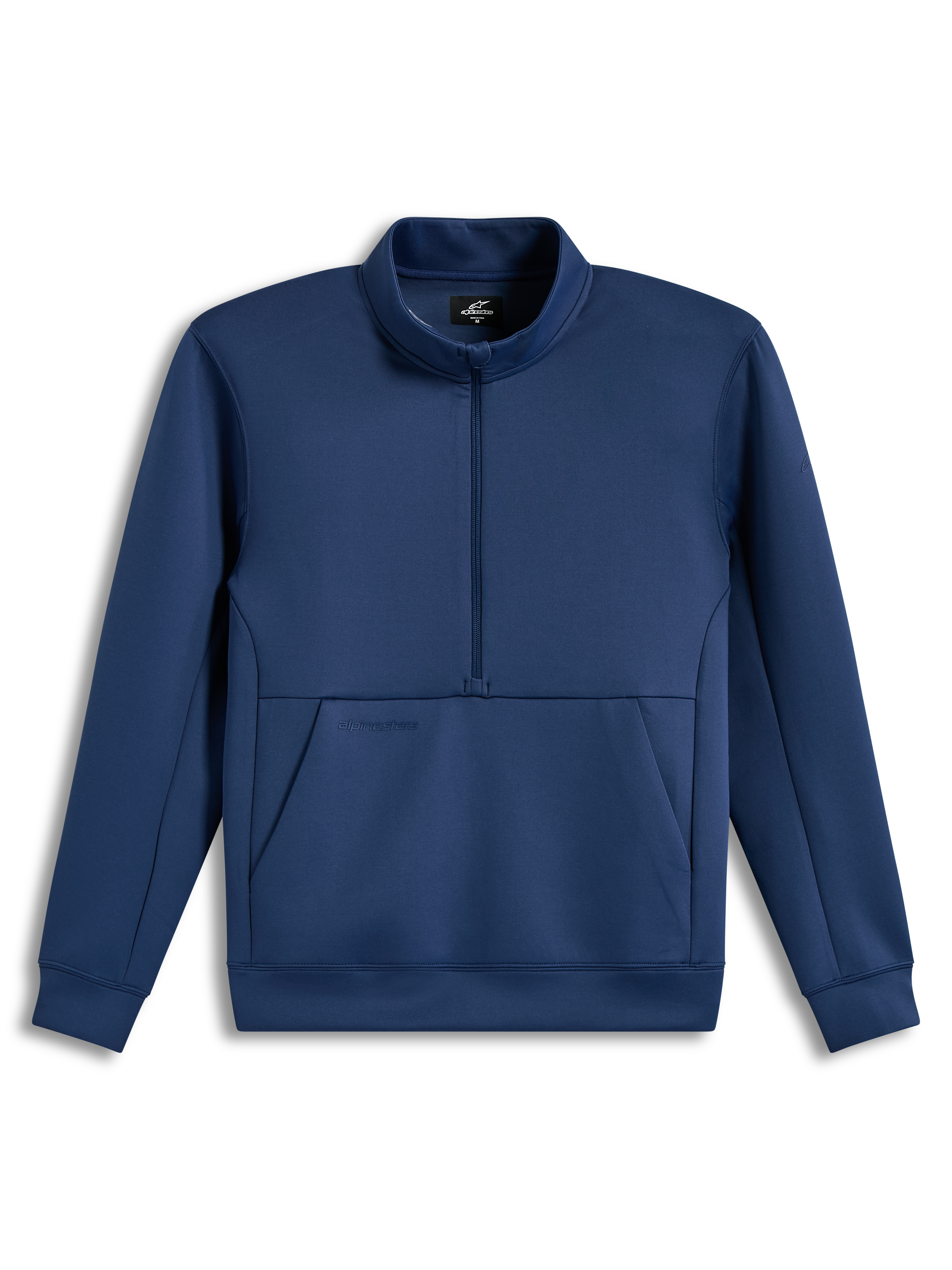 Alpinestars Apera Half-Zip, sudadera de media cremallera en azul acero, forro polar con bolsillo canguro y logos tonales.