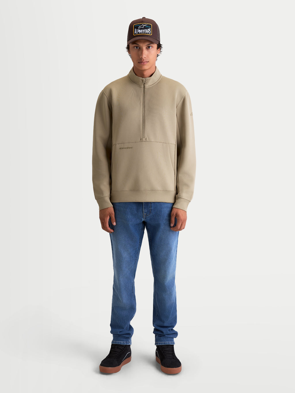 Alpinestars Apera Half-Zip Sweatshirt, Men's Sportswear Pullover, Putty Beige, Motorsport-inspired casual fleece with kangaroo pocket and half-zip closure, premium tri-blend construction.