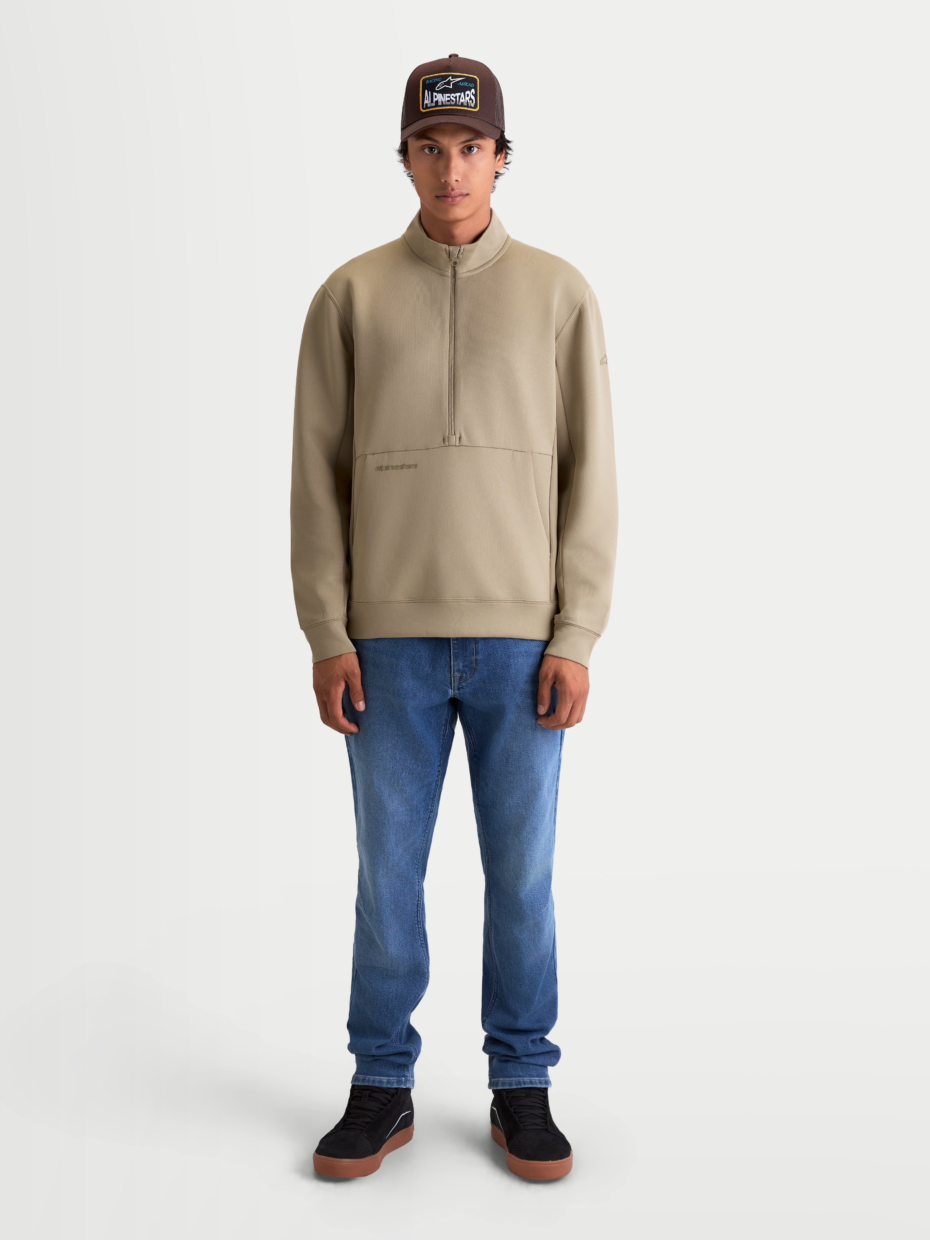 Alpinestars Apera Half-Zip Sweatshirt, Men's Sportswear Pullover, Putty Beige, Motorsport-inspired casual fleece with kangaroo pocket and half-zip closure, premium tri-blend construction.