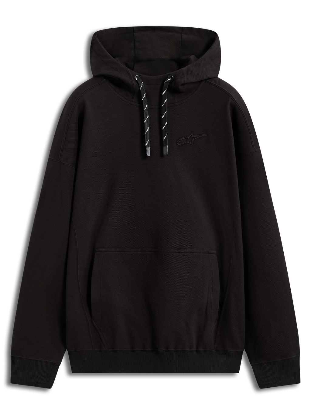 Alpinestars Camino Textured Oversized Hoodie, sudadera negra de forro polar texturizado con logo 3D, bolsillo canguro y cordón bicolor, estilo deportivo oversize.