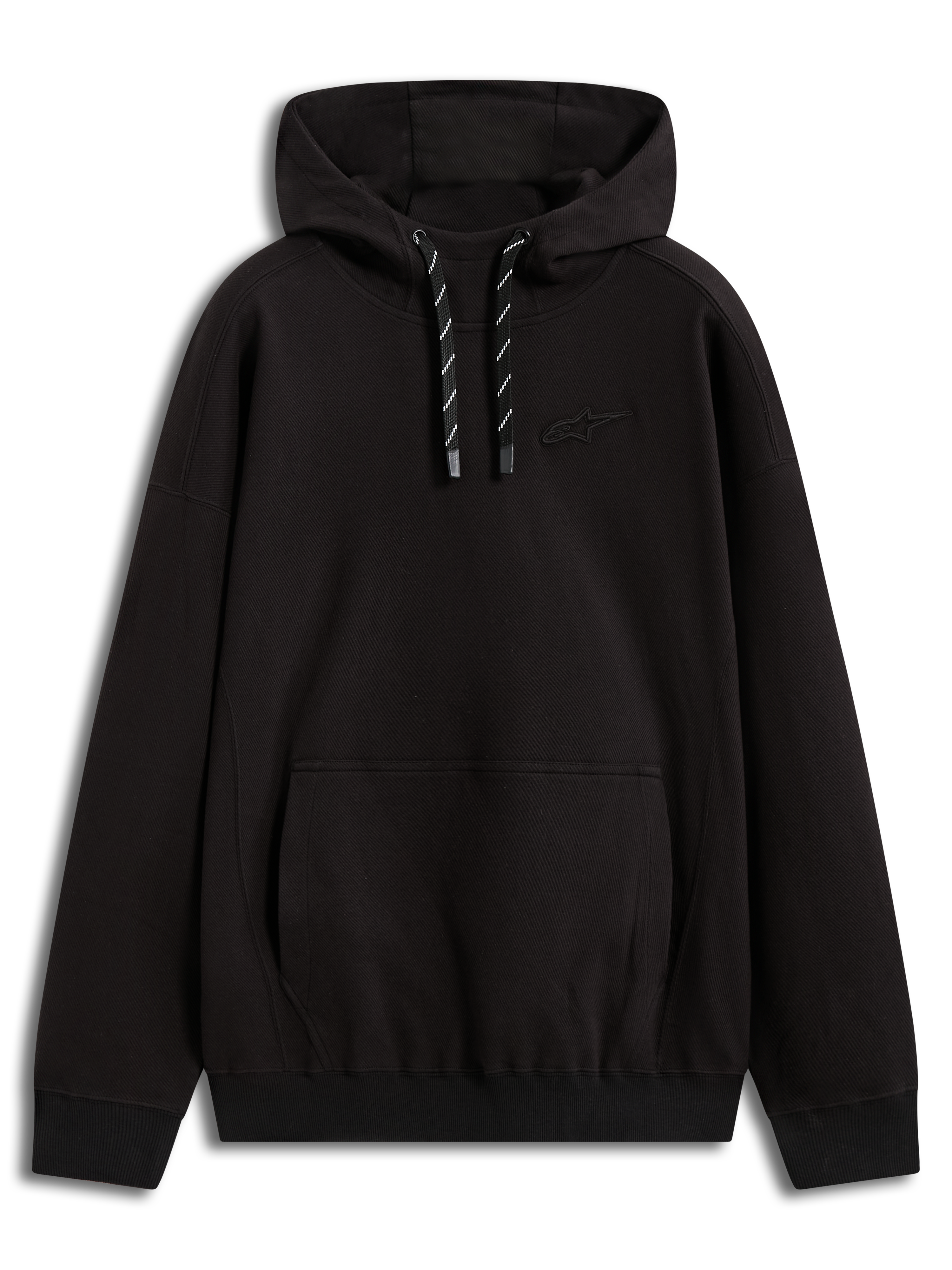 Alpinestars Camino Textured Oversized Hoodie, sudadera negra de forro polar texturizado con logo 3D, bolsillo canguro y cordón bicolor, estilo deportivo oversize.