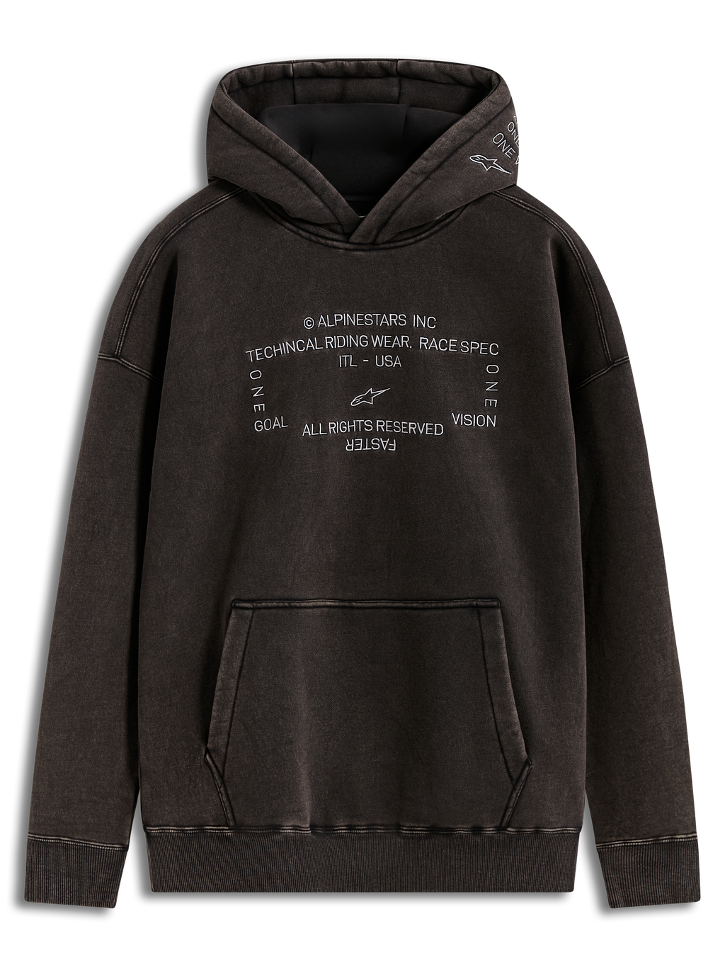 Alpinestars Infinite Washed Oversized Hoodie, sudadera con capucha, negro lavado, forro polar efecto nieve con logos racing