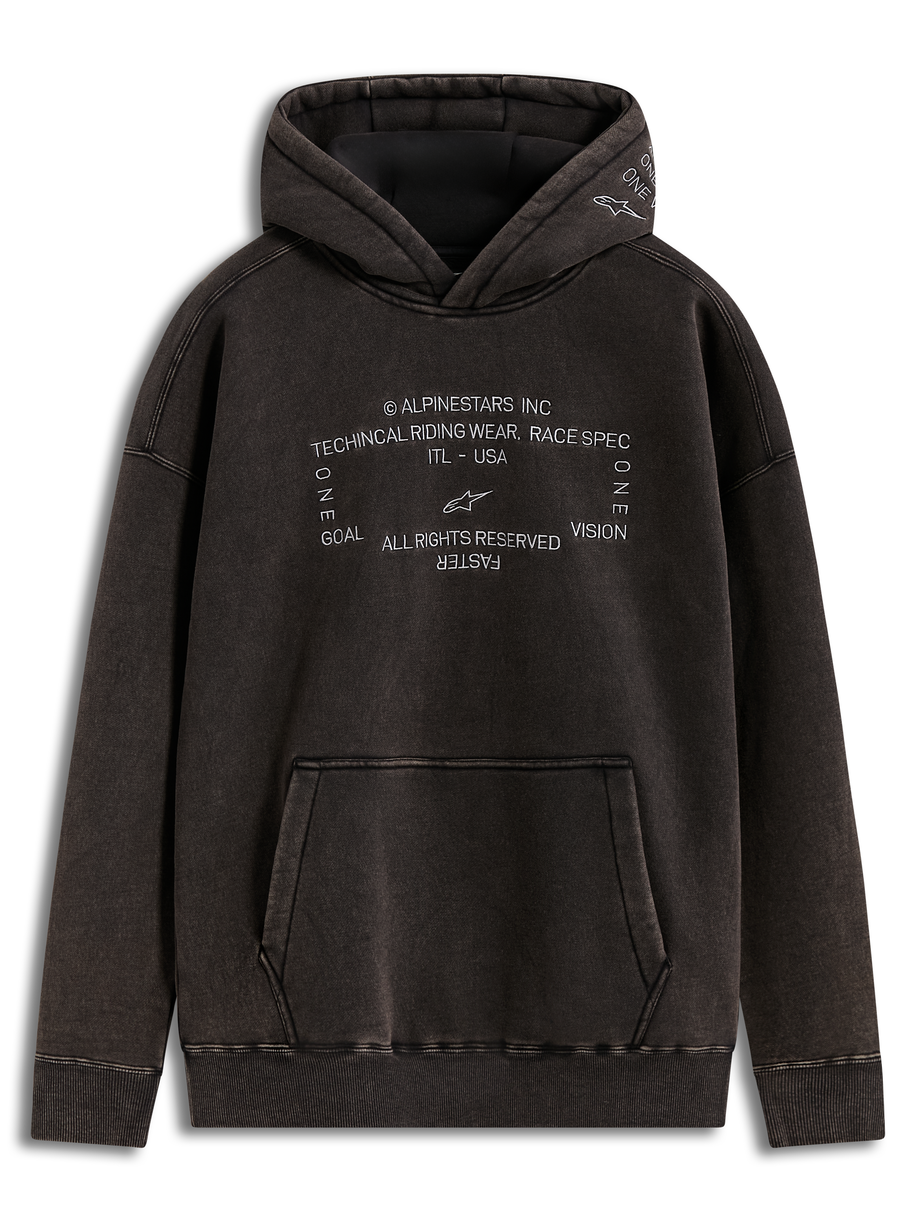 Alpinestars Infinite Washed Oversized Hoodie, sudadera con capucha, negro lavado, forro polar efecto nieve con logos racing