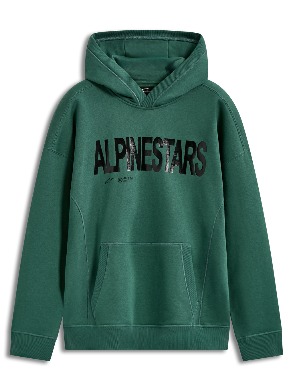 Alpinestars Shaw Oversized Hoodie, sudadera verde de forro polar con logotipo negro texturizado y bolsillo canguro.