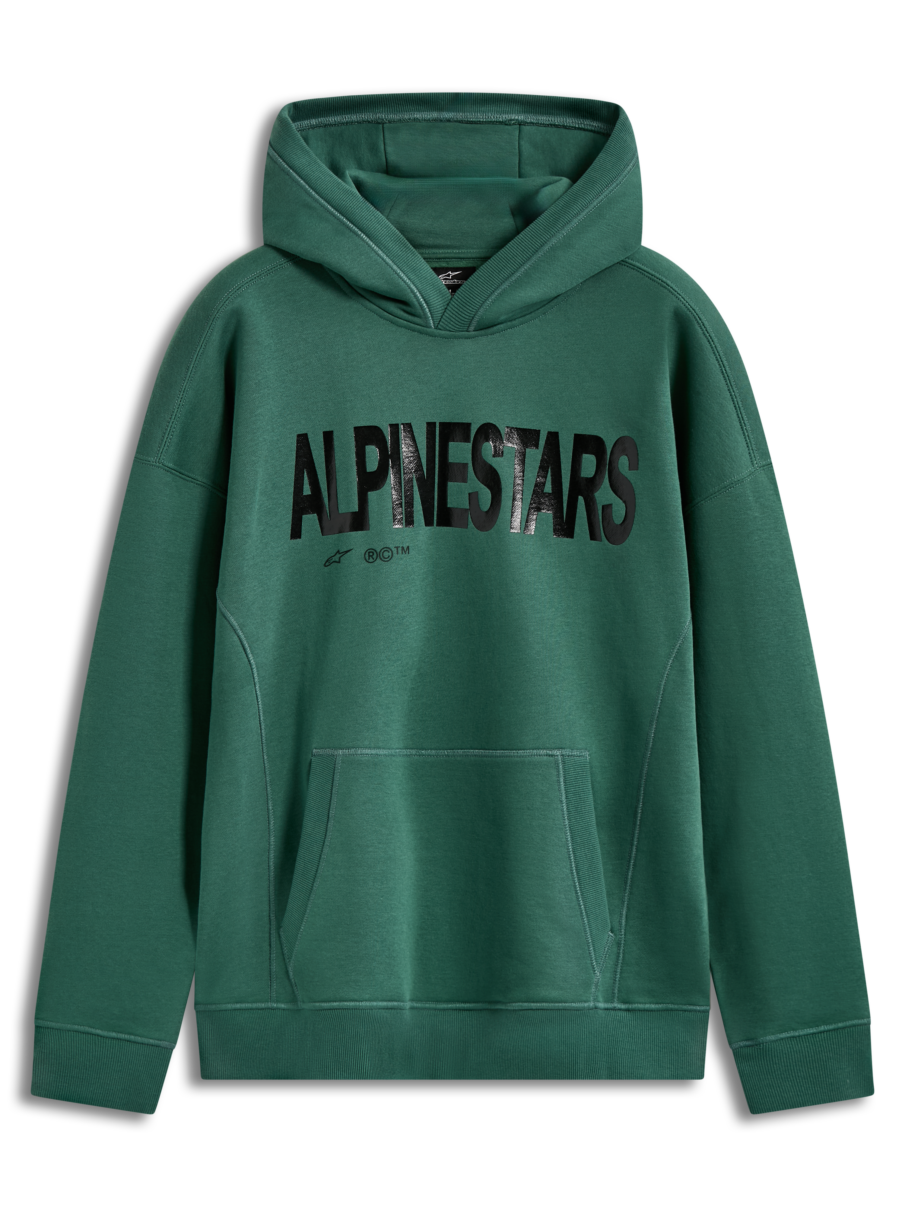 Alpinestars Shaw Oversized Hoodie, sudadera verde de forro polar con logotipo negro texturizado y bolsillo canguro.