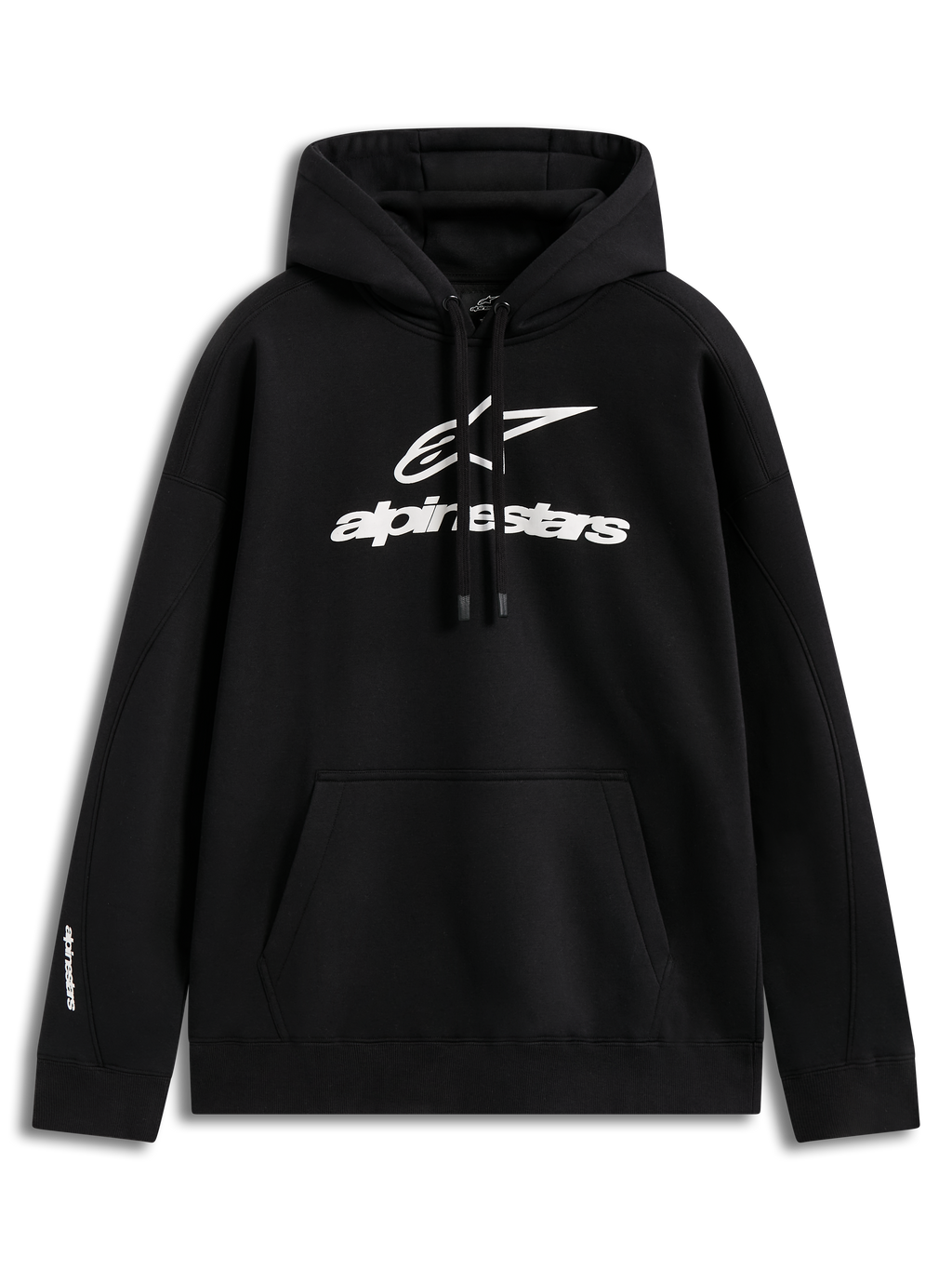 Alpinestars Prelude Oversized Hoodie, sudadera de forro polar negra, logo blanco en relieve y bolsillo canguro