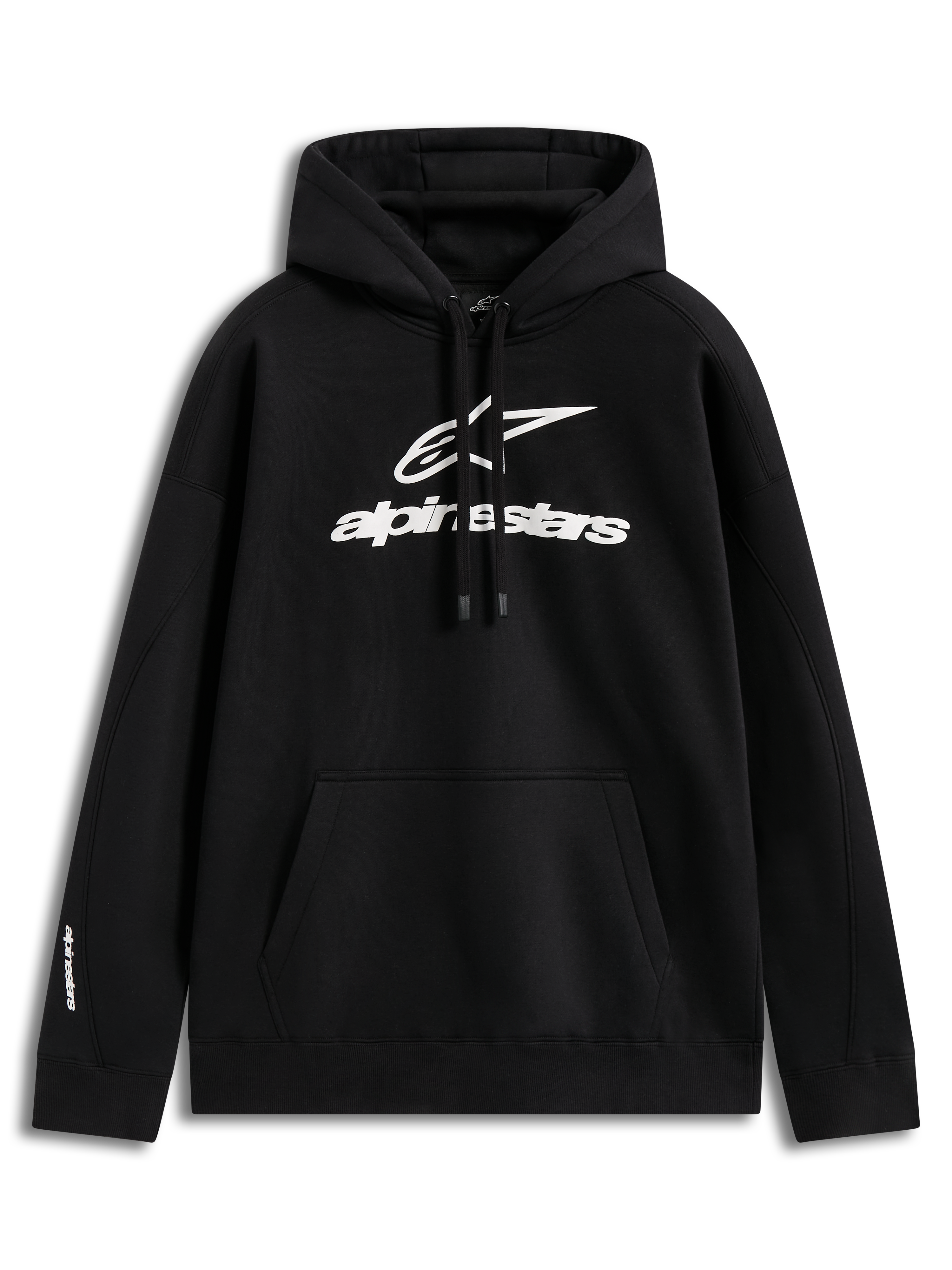 Alpinestars Prelude Oversized Hoodie, sudadera de forro polar negra, logo blanco en relieve y bolsillo canguro