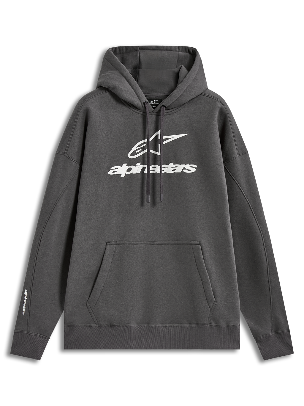 Alpinestars Prelude Oversized Hoodie, sudadera de forro polar con capucha y ajuste oversized, gris carbón, logo blanco en relieve y bolsillo canguro.