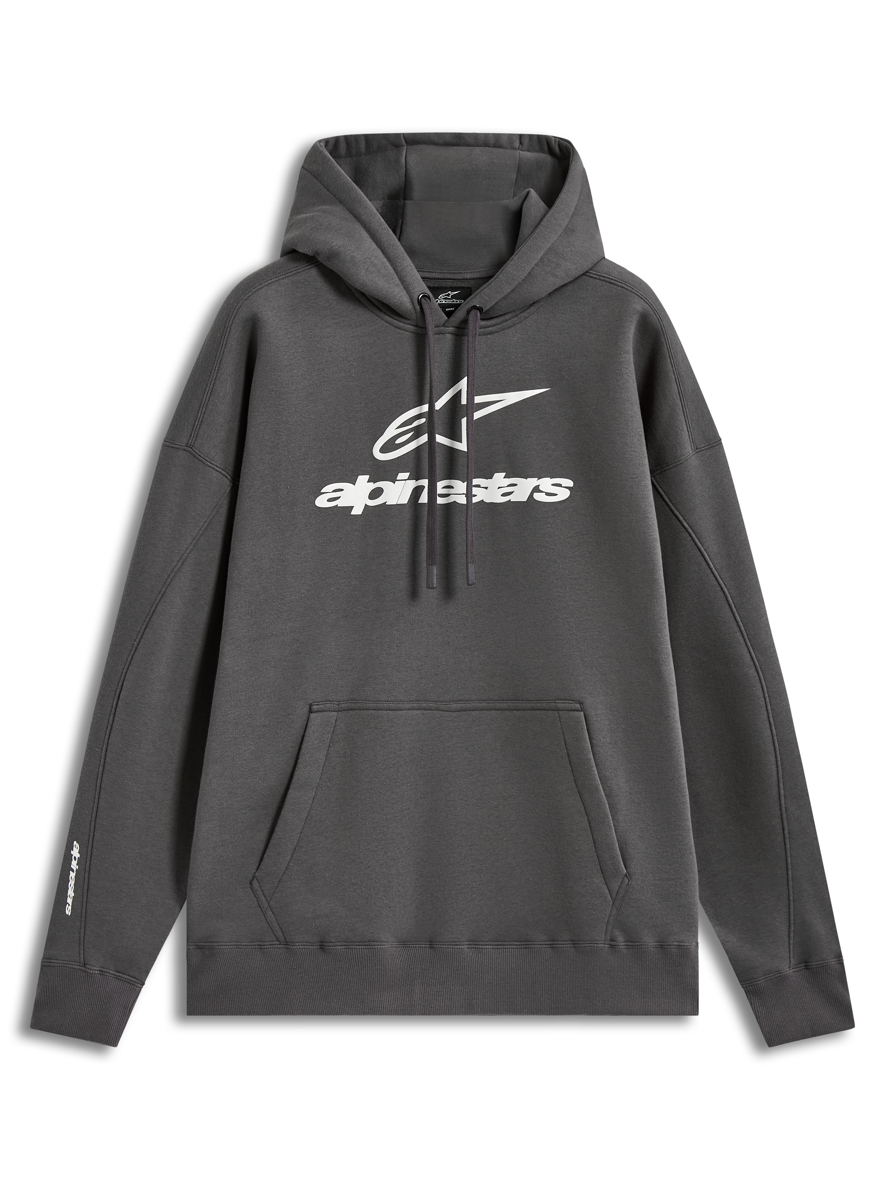 Alpinestars Prelude Oversized Hoodie, sudadera de forro polar con capucha y ajuste oversized, gris carbón, logo blanco en relieve y bolsillo canguro.