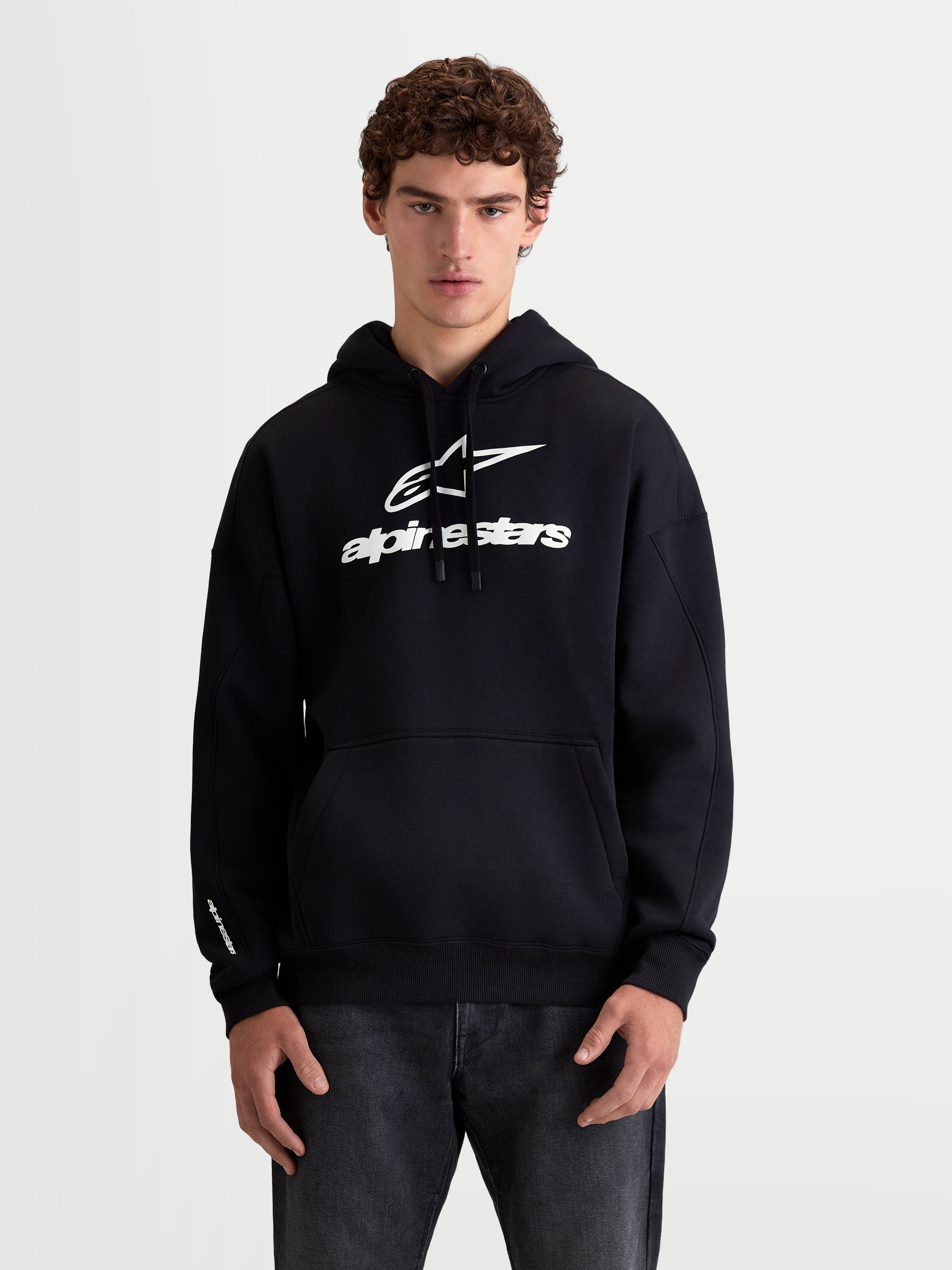 Alpinestars Sudadera con capucha Prelude Oversized, sudadera de forro polar para hombre, negra y blanca, ajuste oversized con bolsillo canguro y logotipo en relieve en el pecho, ropa deportiva casual