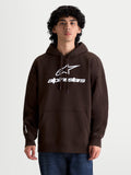 Alpinestars Prelude Oversized Hoodie on model, Men's Sportswear Fleece Pullover, Brown with White puff-print logo, oversized fit, kangaroo pocket, drawstring hood, cotton-rich blend.