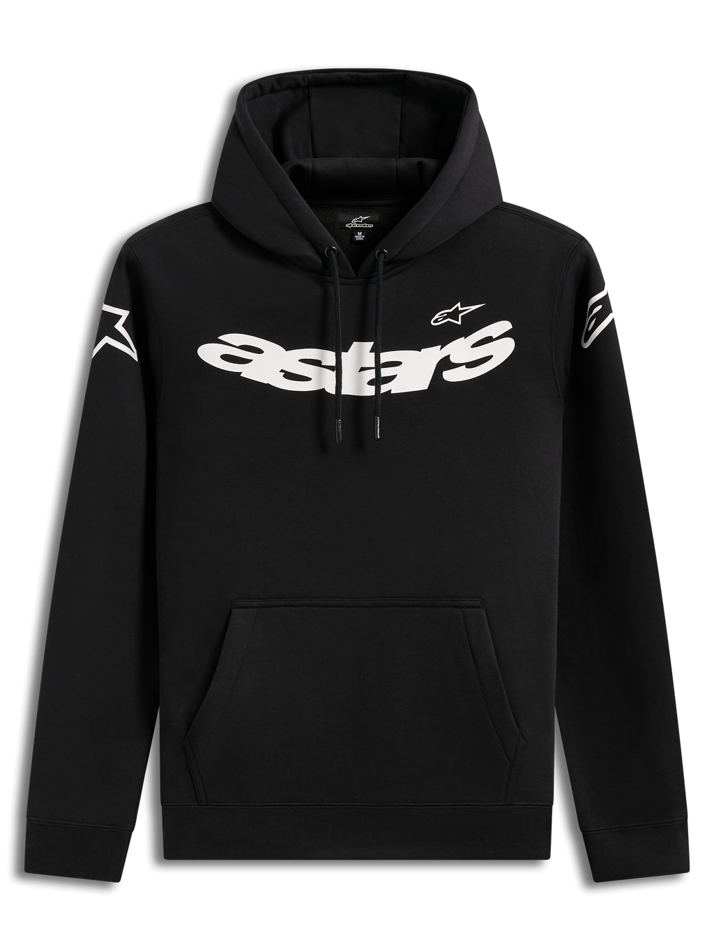 Alpinestars Velocifier Hoodie, sudadera con capucha negra para hombre, con gráficos blancos en el pecho y bolsillo frontal.