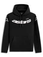 Alpinestars Velocifier Hoodie, sudadera con capucha negra para hombre, con gráficos blancos en el pecho y bolsillo frontal.