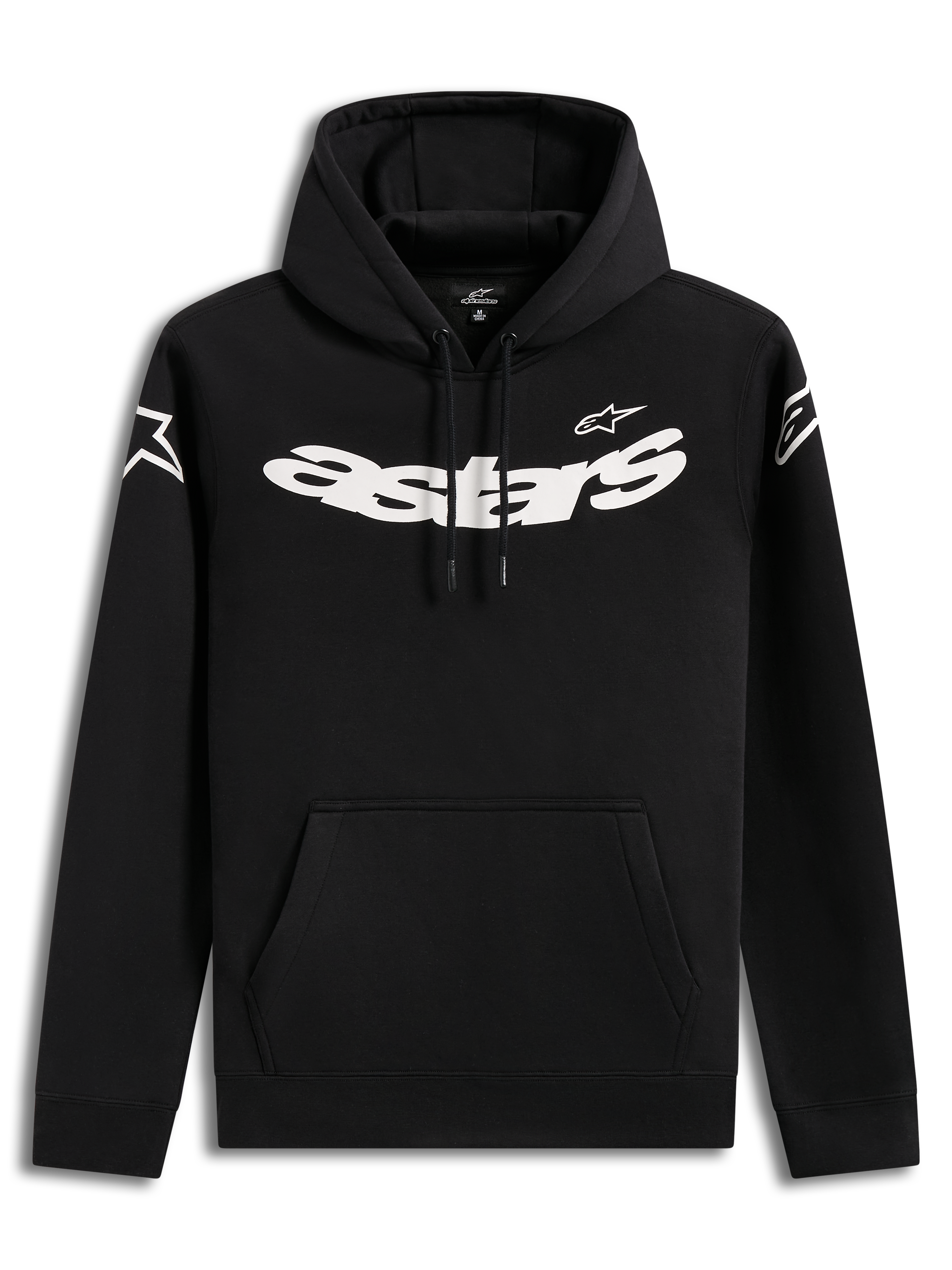 Alpinestars Velocifier Hoodie, sudadera con capucha negra para hombre, con gráficos blancos en el pecho y bolsillo frontal.