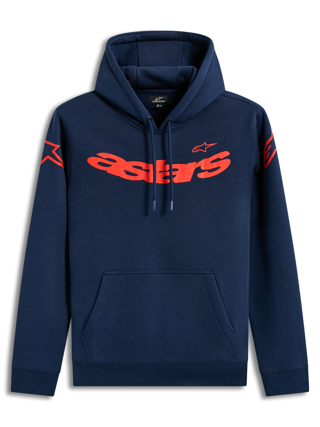 Alpinestars Velocifier Hoodie, sudadera con capucha de forro polar azul marino con logotipos Astars rojos, ropa deportiva.