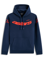Alpinestars Velocifier Hoodie, sudadera con capucha de forro polar azul marino con logotipos Astars rojos, ropa deportiva.