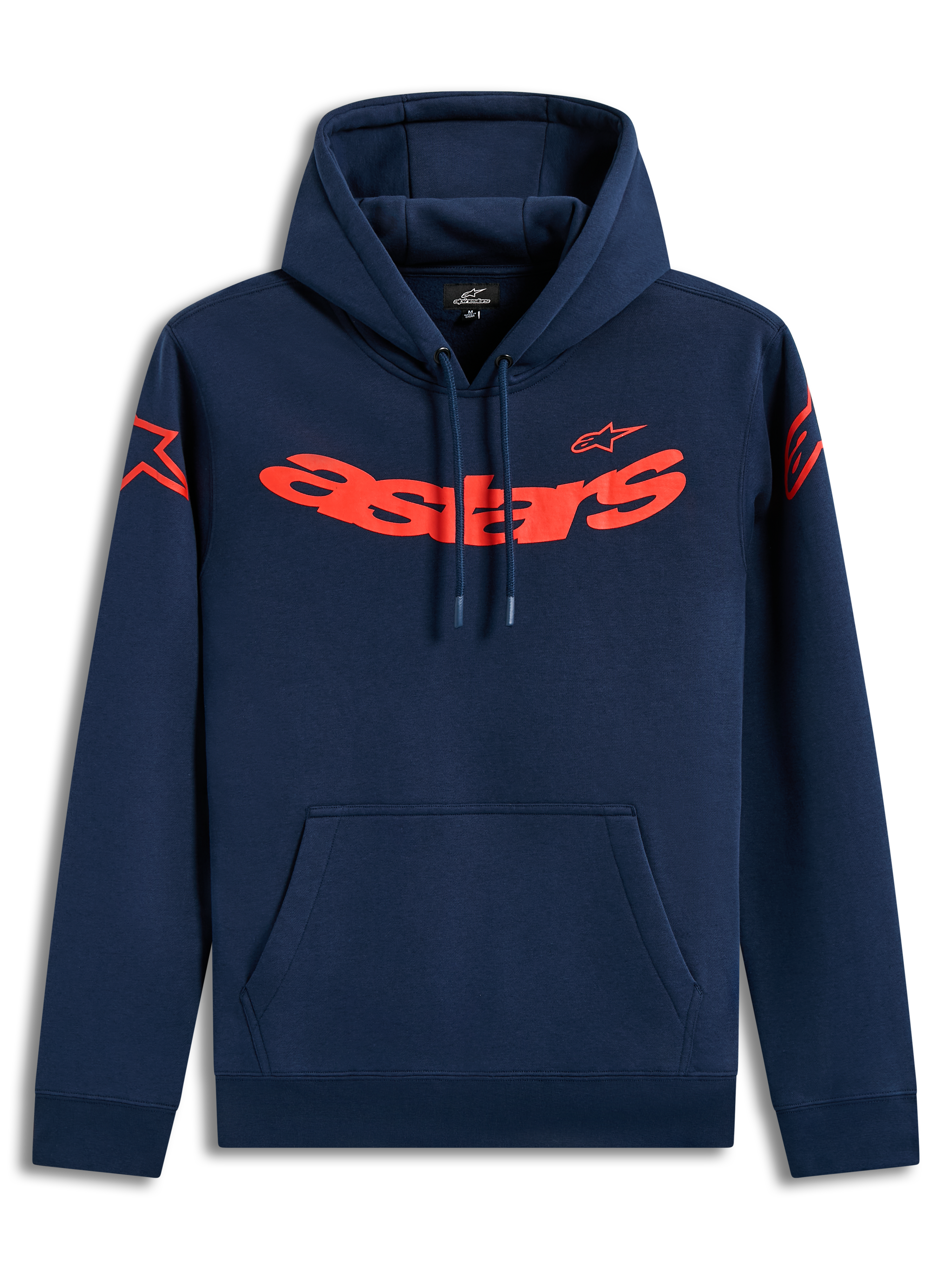 Alpinestars Velocifier Hoodie, sudadera con capucha de forro polar azul marino con logotipos Astars rojos, ropa deportiva.