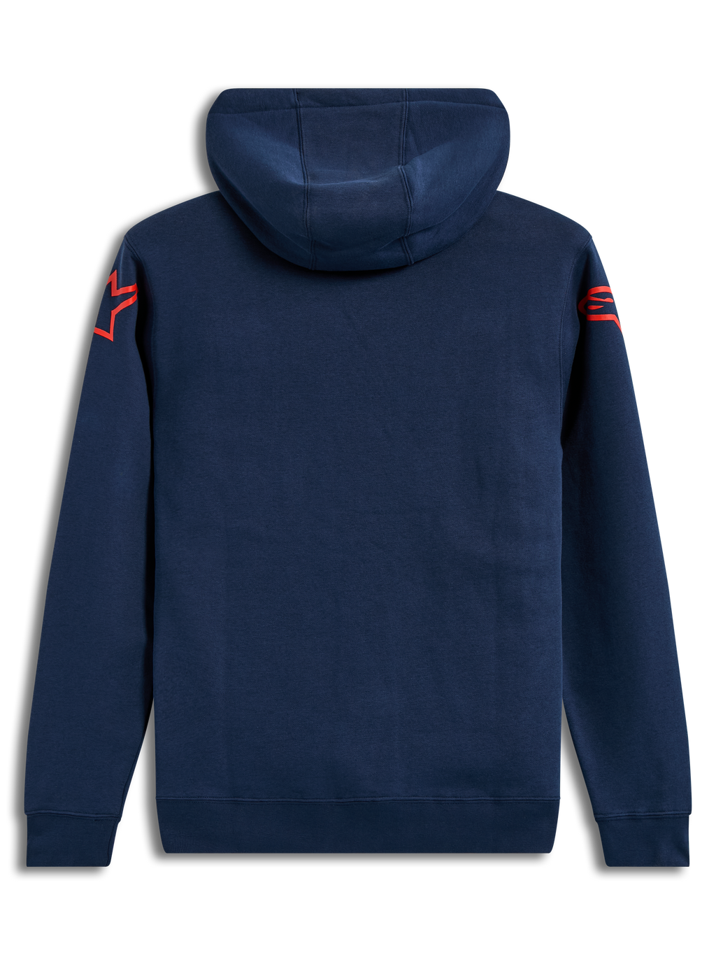 Alpinestars Velocifier Hoodie, sudadera de forro polar azul marino con logos Astars rojos, vista trasera.