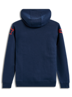 Alpinestars Velocifier Hoodie, sudadera de forro polar azul marino con logos Astars rojos, vista trasera.