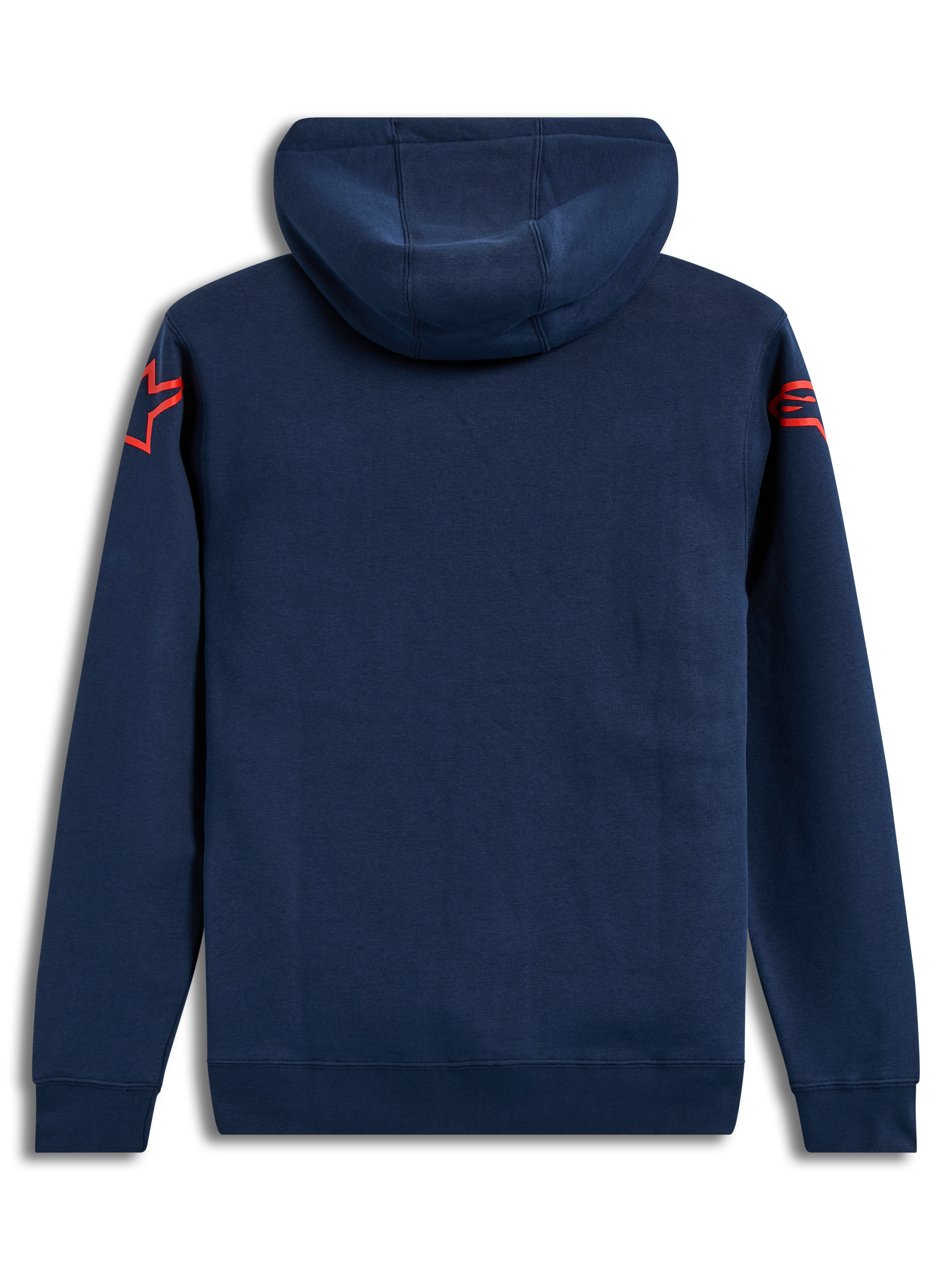 Alpinestars Velocifier Hoodie, sudadera de forro polar azul marino con logos Astars rojos, vista trasera.