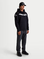 Alpinestars sudadera con capucha Velocifier, sudadera de forro polar para hombre, negra y blanca, con marca Astars curvada en el pecho y logotipos en los hombros, construcción de mezcla de algodón premium para un estilo casual de motorsport fuera de la moto