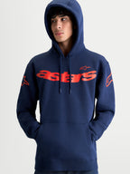 Alpinestars Sudadera con capucha Velocifier, sudadera de forro polar para hombre, azul marino y roja con logotipos Astars en el pecho y hombros, ropa deportiva de estilo motorsport con capucha ajustable.