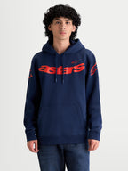 Alpinestars sudadera con capucha Velocifier, ropa deportiva casual para hombre, azul marino y roja, con logotipo Astars en el pecho y logos en los hombros, confeccionada en forro polar de mezcla de algodón con bolsillo tipo canguro y capucha con cordón ajustable.