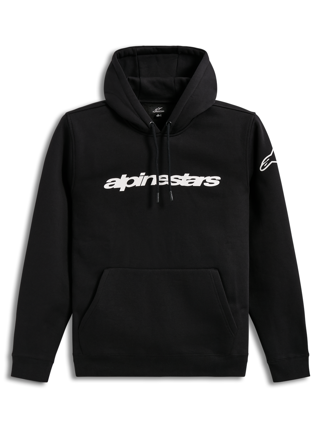 Alpinestars Race Wordmark Hoodie, sudadera con capucha negra y blanca, forro polar con logo lineal y marca en la manga