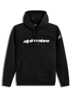 Alpinestars Race Wordmark Hoodie, sudadera con capucha negra y blanca, forro polar con logo lineal y marca en la manga