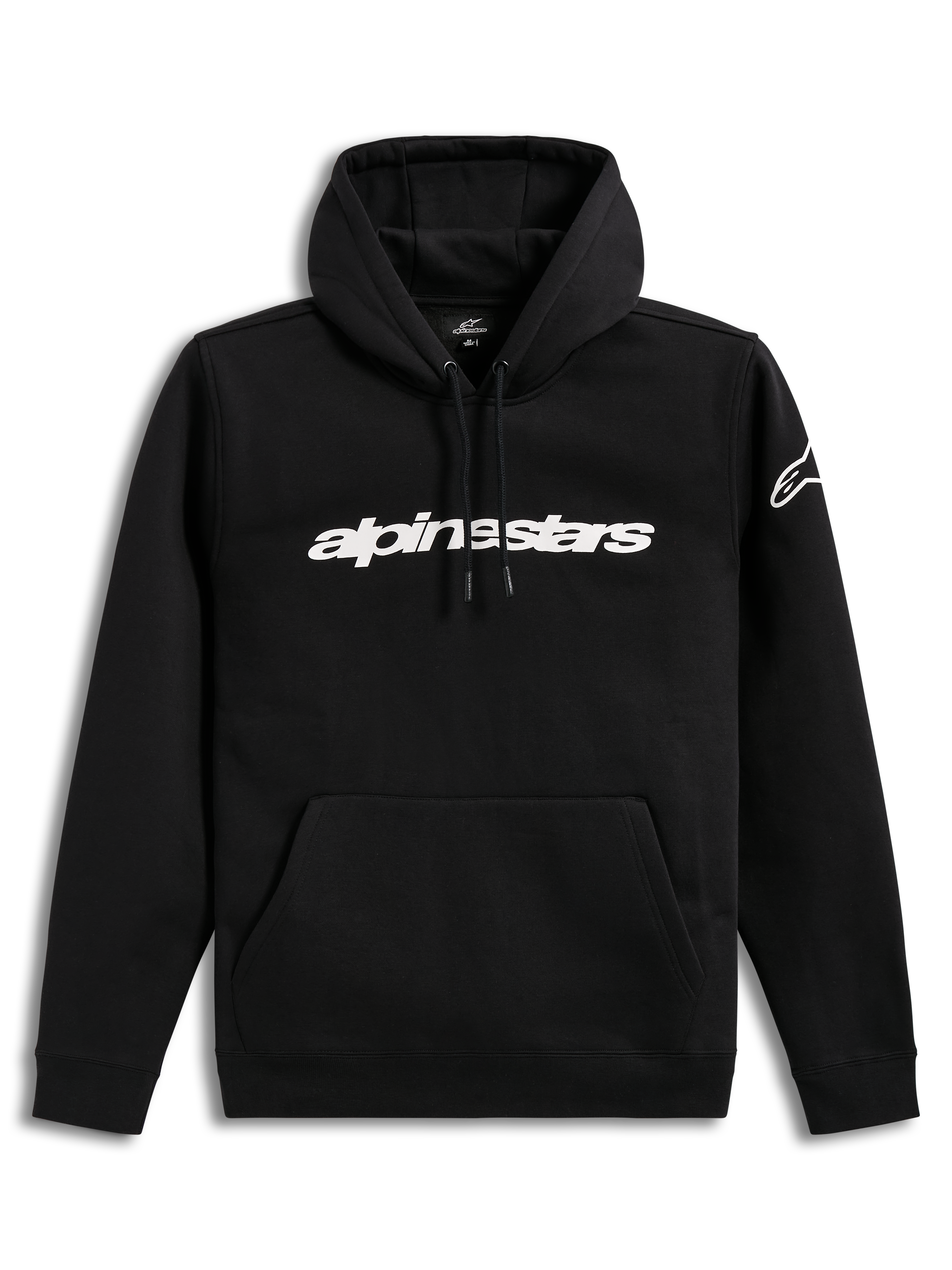 Alpinestars Race Wordmark Hoodie, sudadera con capucha negra y blanca, forro polar con logo lineal y marca en la manga