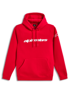 Alpinestars Race Wordmark Hoodie, sudadera con capucha roja, logotipo blanco lineal, bolsillo frontal y forro polar.