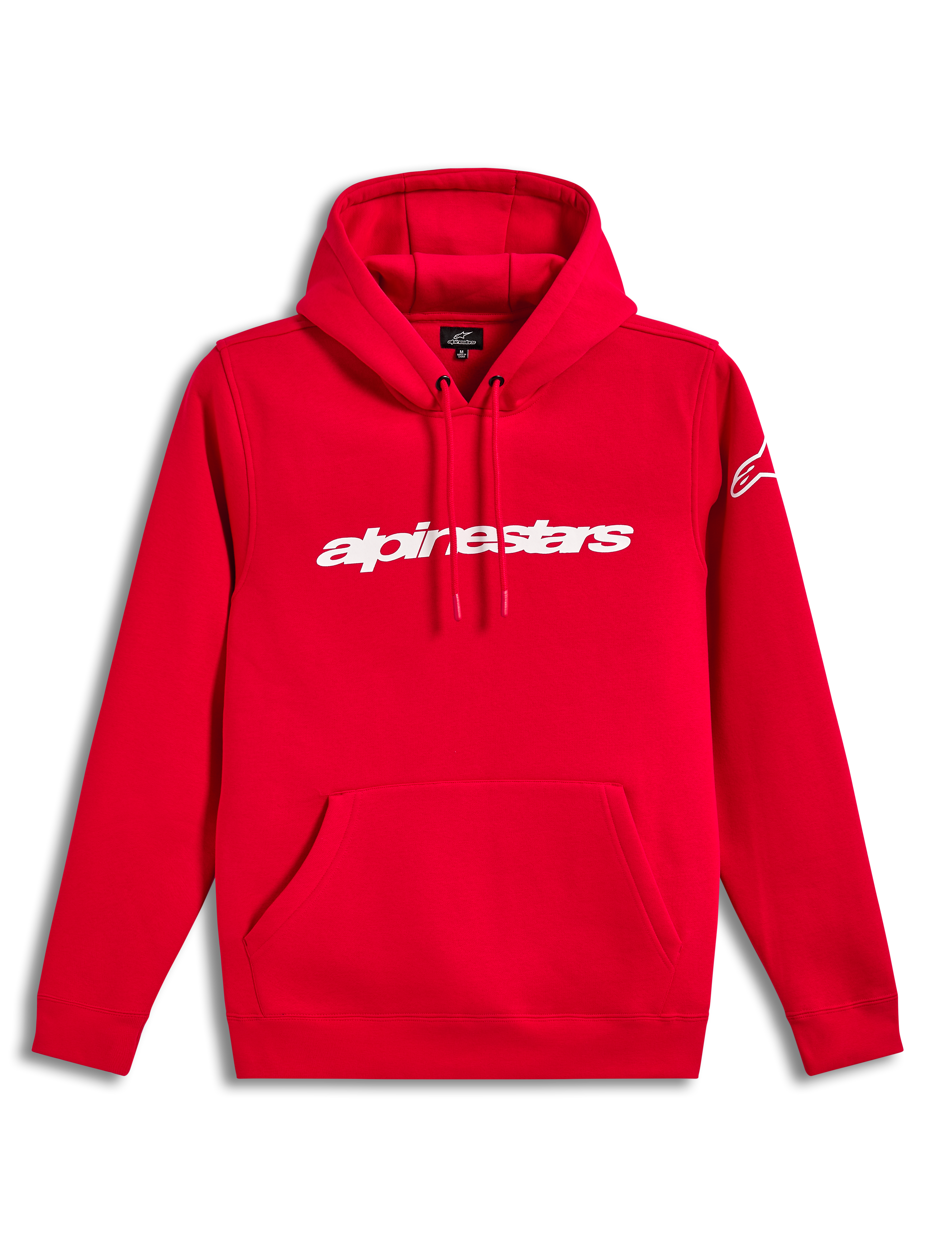 Alpinestars Race Wordmark Hoodie, sudadera con capucha roja, logotipo blanco lineal, bolsillo frontal y forro polar.