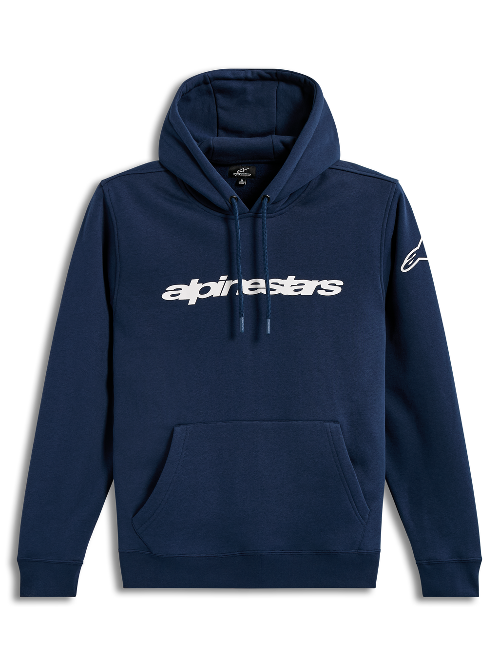 Alpinestars Race Wordmark Hoodie, sudadera con capucha de forro polar, azul marino y blanca, con logotipo Race Linear Word en el frente, bolsillo tipo canguro y estilo deportivo casual