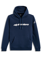 Alpinestars Race Wordmark Hoodie, sudadera con capucha de forro polar, azul marino y blanca, con logotipo Race Linear Word en el frente, bolsillo tipo canguro y estilo deportivo casual