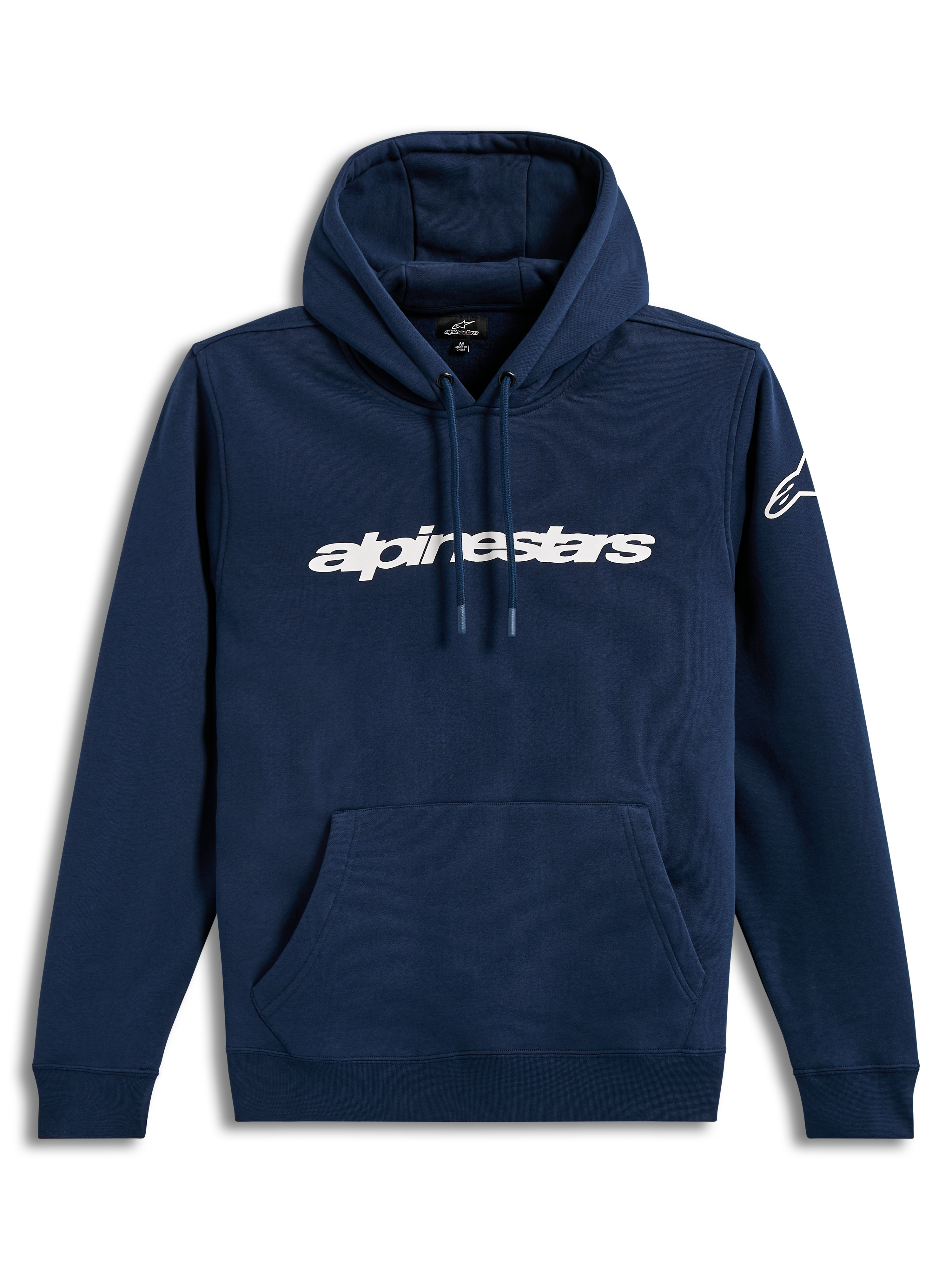 Alpinestars Race Wordmark Hoodie, sudadera con capucha de forro polar, azul marino y blanca, con logotipo Race Linear Word en el frente, bolsillo tipo canguro y estilo deportivo casual