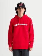 Alpinestars Sudadera con capucha Race Wordmark, sudadera de forro polar para hombre, roja y blanca, con logotipo Race Linear en el pecho y gráfico Ageless en la manga, estilo motorsport casual