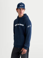 Alpinestars Sudadera con capucha Race Wordmark, sudadera de forro polar para hombre, azul marino y blanco, con logotipo frontal Alpinestars y logo Ageless en la manga, mezcla de algodón y poliéster reciclado, ropa deportiva de estilo casual