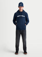 Alpinestars Sudadera con capucha Race Wordmark, sudadera de forro polar tipo pulóver para hombre y mujer, azul marino y blanca, con gráfico frontal de letras y logotipo Ageless en la manga, estilo casual inspirado en el motorsport