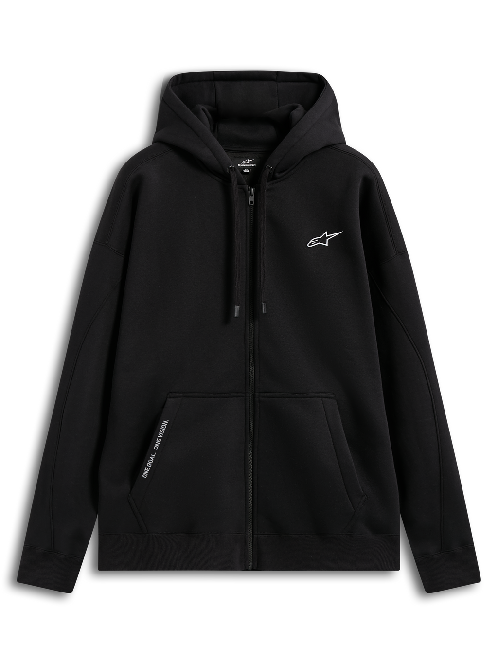 Alpinestars Pioneer Oversized Hoodie, sudadera con capucha y cremallera de estilo sportswear, color negro, ajuste relajado con cremallera frontal Vislon, bolsillo canguro con texto bordado 'ONE GOAL. ONE VISION.', logotipo bordado en el pecho y capucha forrada con cordones, confeccionada en mezcla de algodón y poliéster reciclado