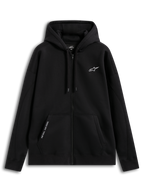 Alpinestars Pioneer Oversized Hoodie, sudadera con capucha y cremallera de estilo sportswear, color negro, ajuste relajado con cremallera frontal Vislon, bolsillo canguro con texto bordado 'ONE GOAL. ONE VISION.', logotipo bordado en el pecho y capucha forrada con cordones, confeccionada en mezcla de algodón y poliéster reciclado