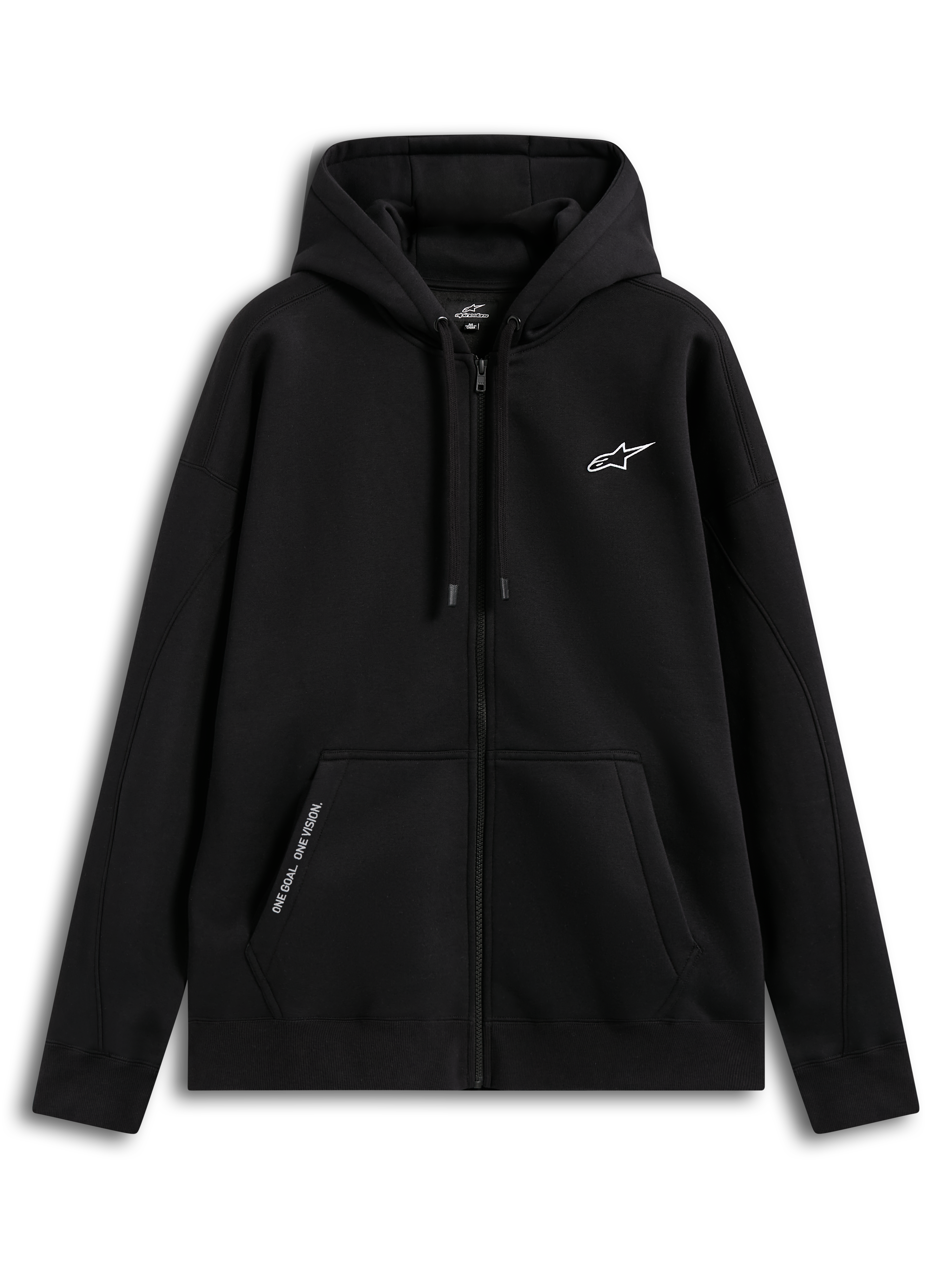 Alpinestars Pioneer Oversized Hoodie, sudadera con capucha y cremallera de estilo sportswear, color negro, ajuste relajado con cremallera frontal Vislon, bolsillo canguro con texto bordado 'ONE GOAL. ONE VISION.', logotipo bordado en el pecho y capucha forrada con cordones, confeccionada en mezcla de algodón y poliéster reciclado