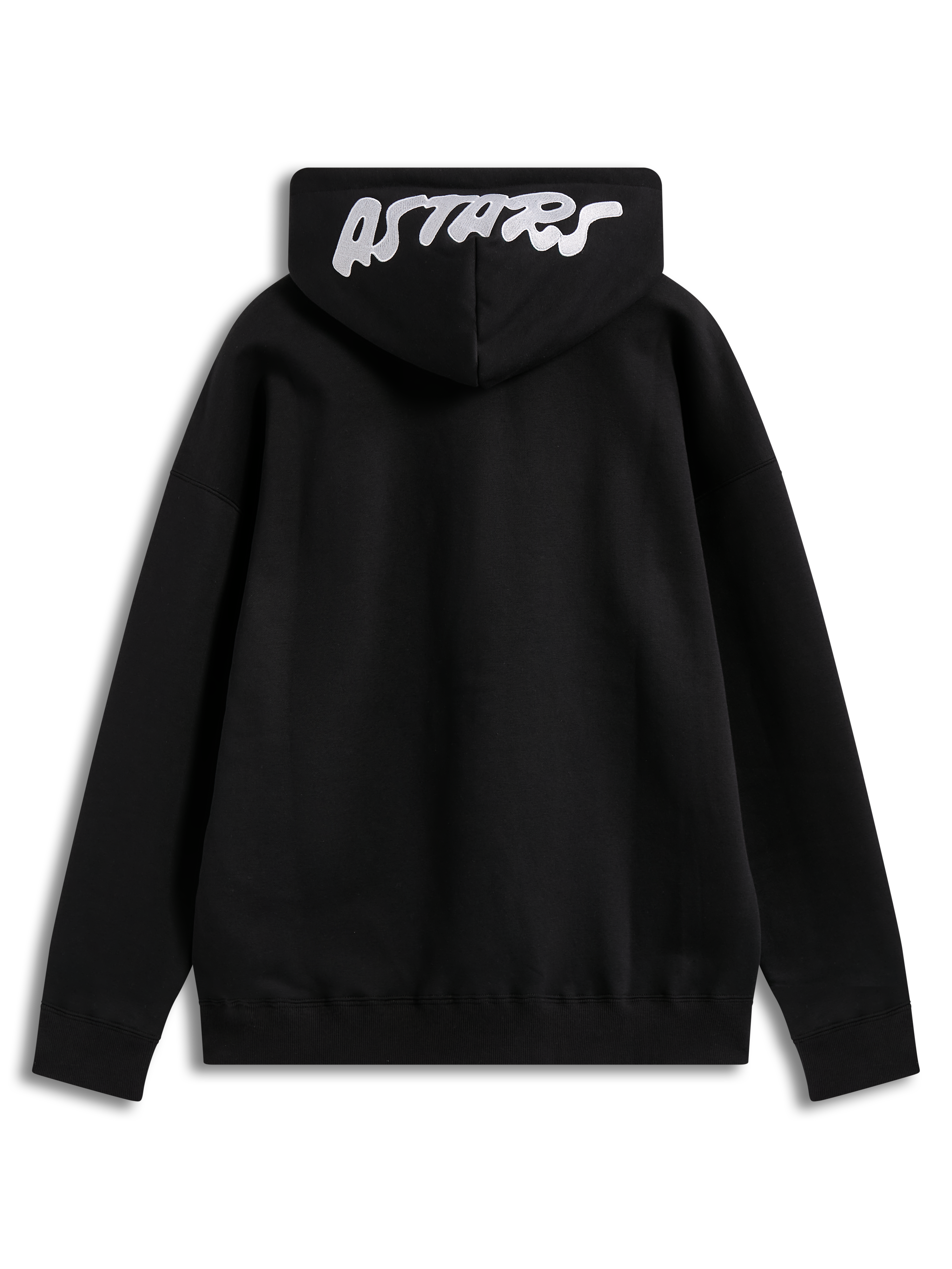 Alpinestars Pioneer Oversized Hoodie, sudadera con capucha negra, forro polar, logo Astars blanco bordado, vista trasera