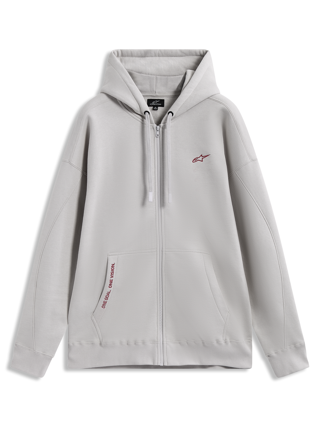 Alpinestars Pioneer Oversized Hoodie, sudadera con cremallera gris cemento, detalles rojos y bolsillo canguro.