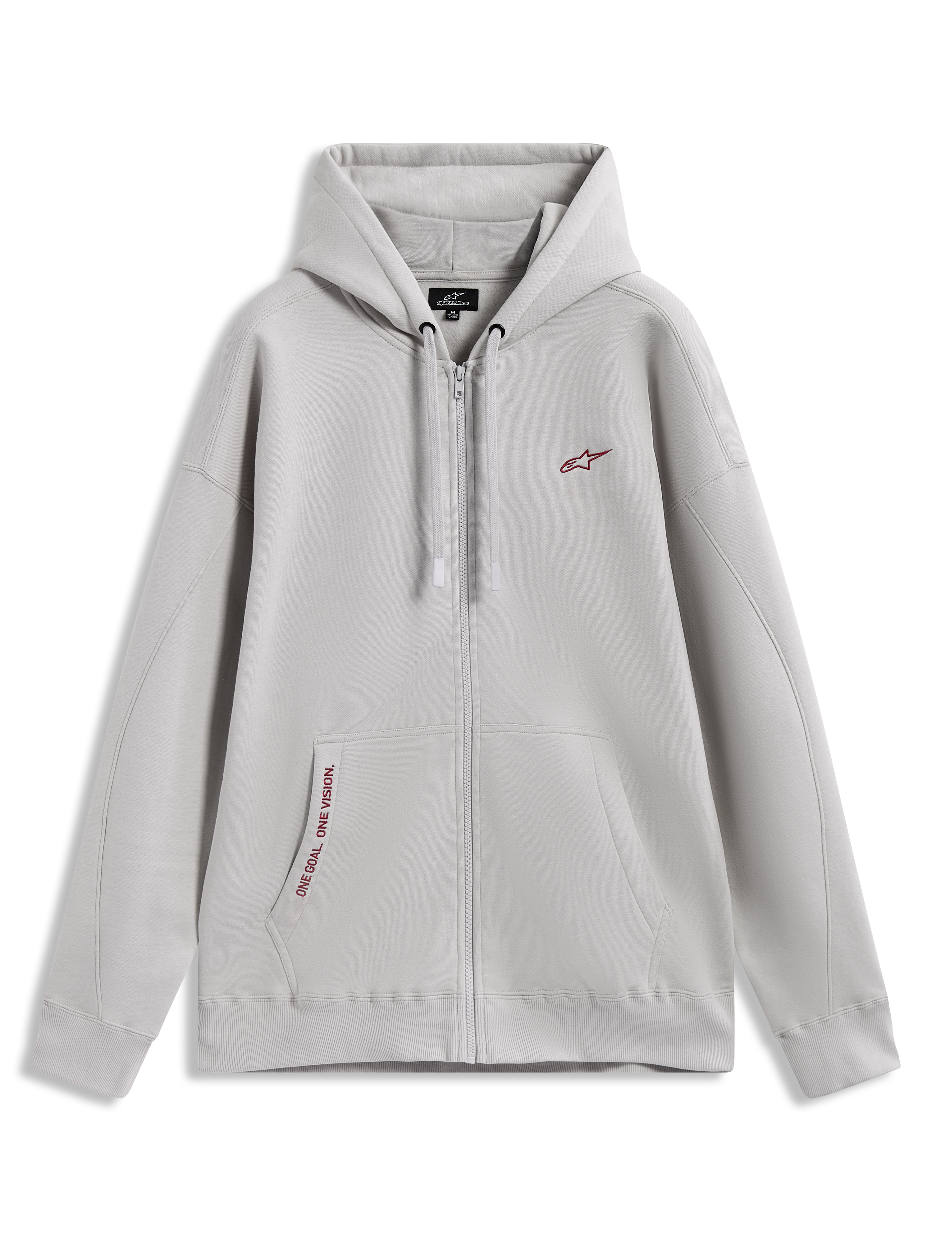 Alpinestars Pioneer Oversized Hoodie, sudadera con cremallera gris cemento, detalles rojos y bolsillo canguro.