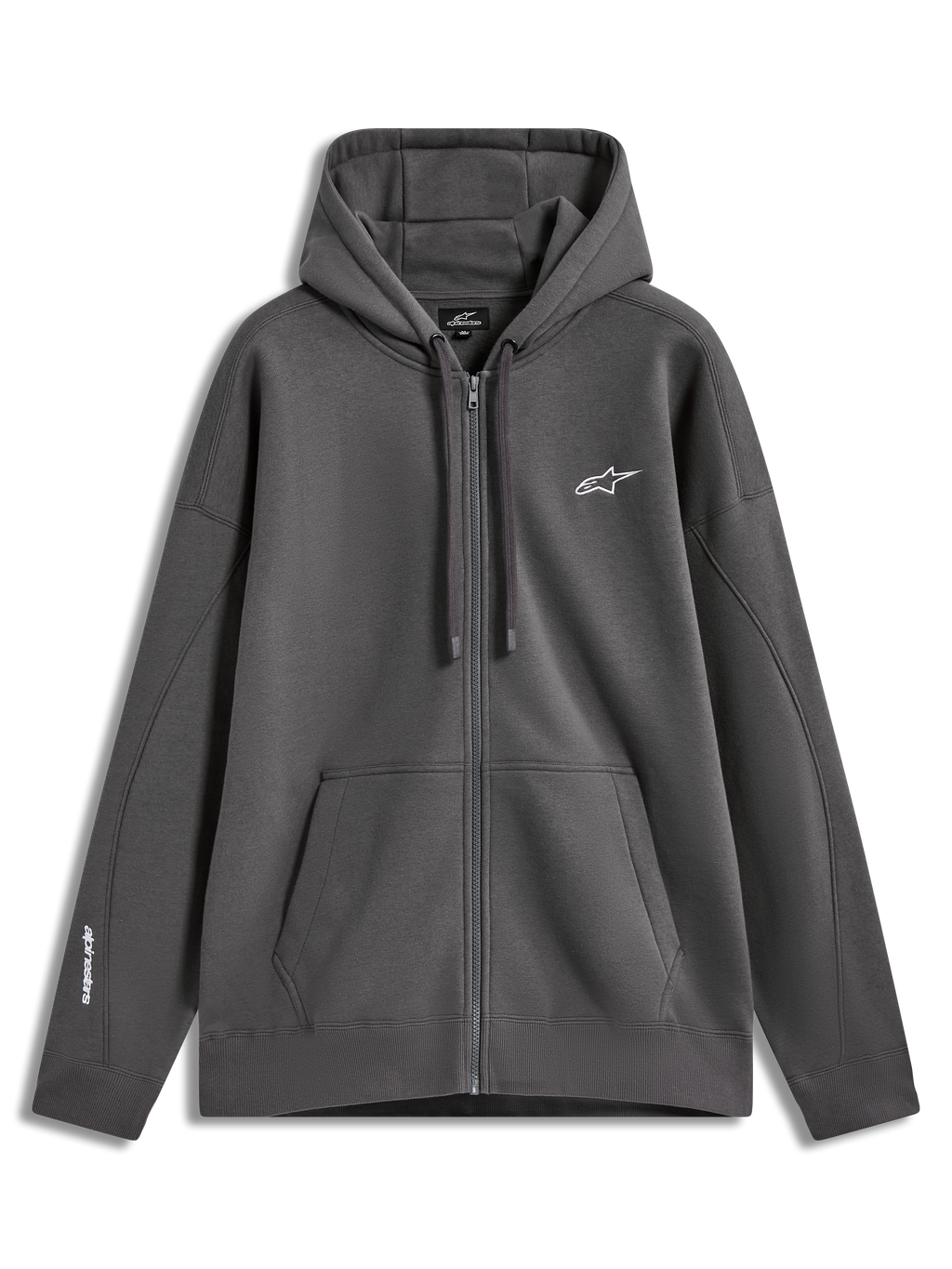 Alpinestars Entity Oversized Hoodie, sudadera gris carbón con cremallera, forro polar, logo bordado blanco y bolsillo canguro.